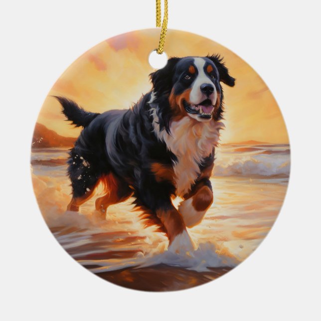 Sandy Paws Bernese Mountain Dog on Beach Sunset  Ceramic Tree Decoration (Front)