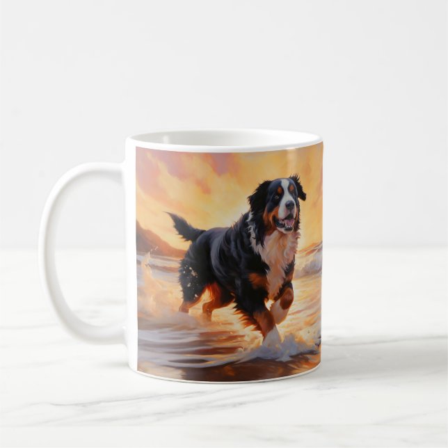 Sandy Paws Bernese Mountain Dog on Beach Sunset  Coffee Mug (Left)