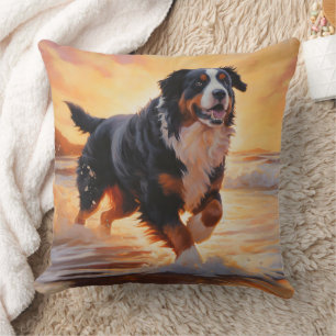 Sandy Paws Bernese Mountain Dog on Beach Sunset Cushion