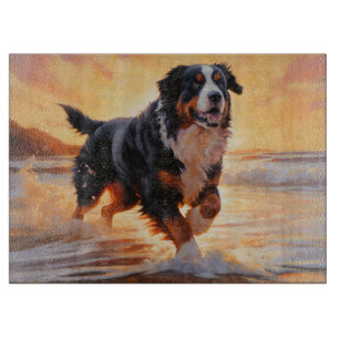 Sandy Paws Bernese Mountain Dog on Beach Sunset Cutting Board