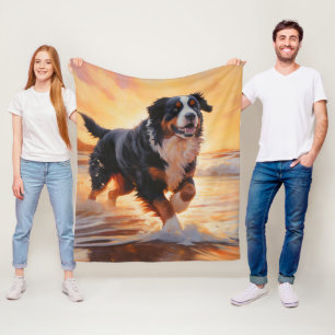 Sandy Paws Bernese Mountain Dog on Beach Sunset  Fleece Blanket