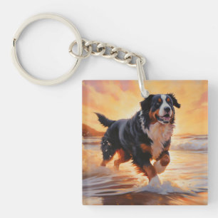 Sandy Paws Bernese Mountain Dog on Beach Sunset  Key Ring