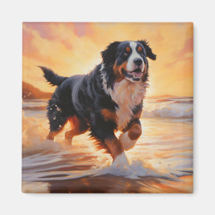 Sandy Paws Bernese Mountain Dog on Beach Sunset  Magnet