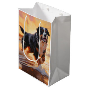 Sandy Paws Bernese Mountain Dog on Beach Sunset  Medium Gift Bag
