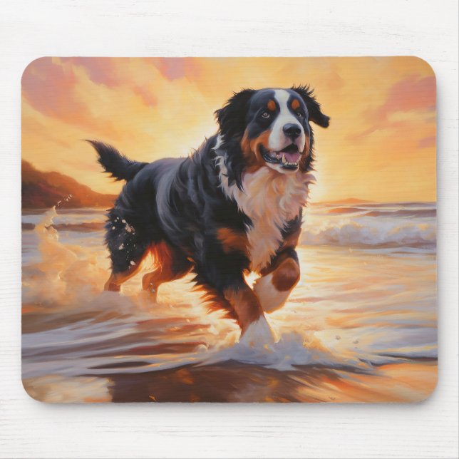 Sandy Paws Bernese Mountain Dog on Beach Sunset  Mouse Mat (Front)