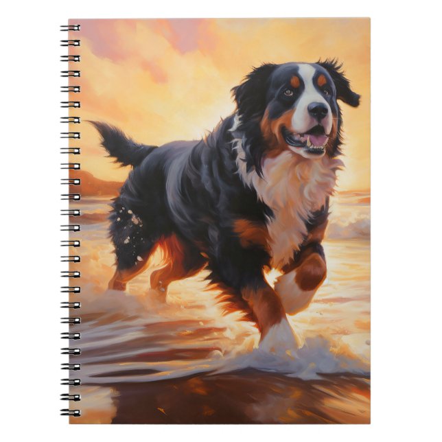 Sandy Paws Bernese Mountain Dog on Beach Sunset  Notebook (Front)
