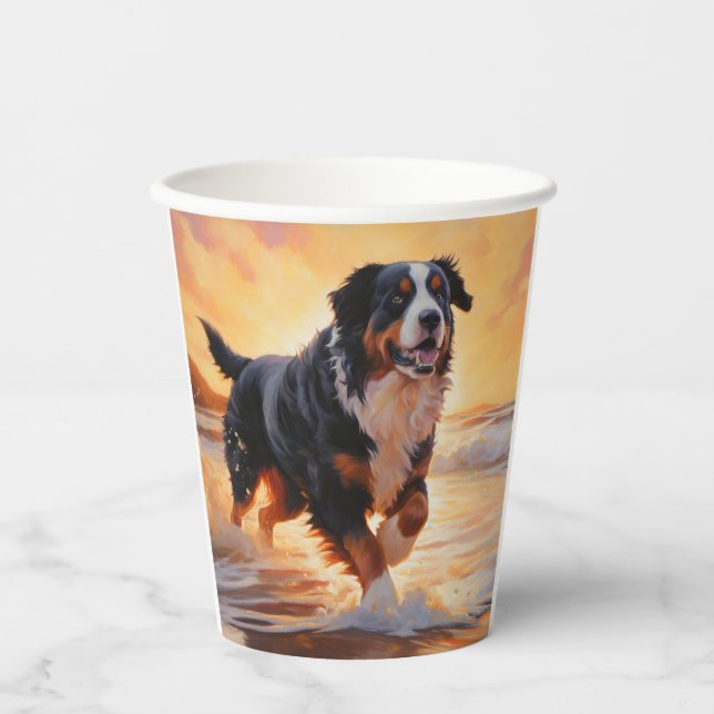 Sandy Paws Bernese Mountain Dog on Beach Sunset  Paper Cups (Front)