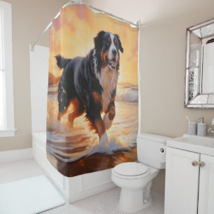 Sandy Paws Bernese Mountain Dog on Beach Sunset Shower Curtain