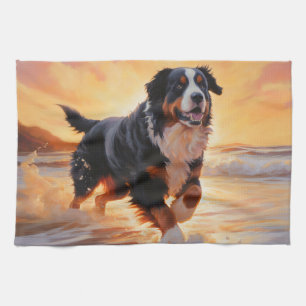 Sandy Paws Bernese Mountain Dog on Beach Sunset  Tea Towel