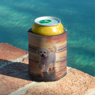 Sandy Paws Bichon Frise Dog on Beach Sunset  Can Cooler
