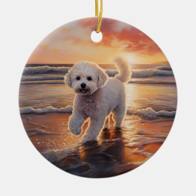 Sandy Paws Bichon Frise Dog on Beach Sunset  Ceramic Tree Decoration (Front)