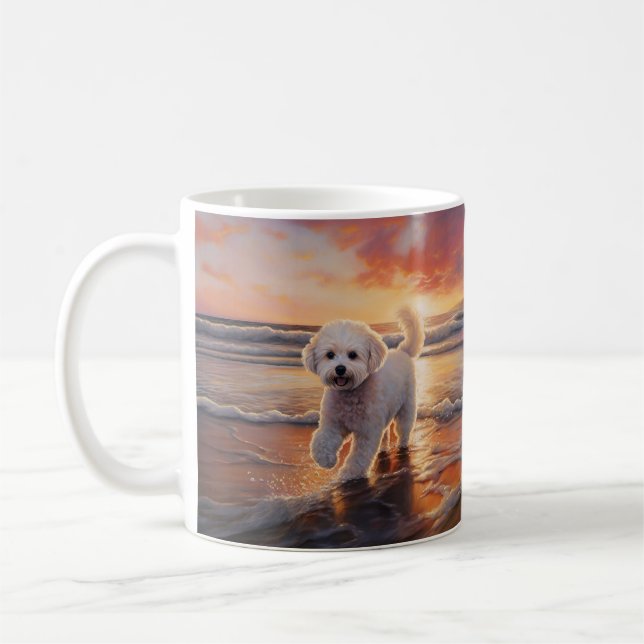 Sandy Paws Bichon Frise Dog on Beach Sunset  Coffee Mug (Left)