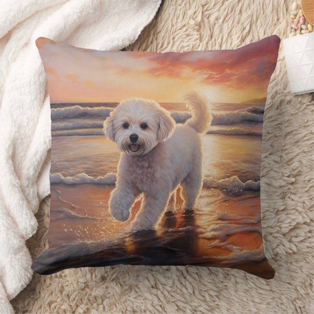 Sandy Paws Bichon Frise Dog on Beach Sunset  Cushion (Blanket)