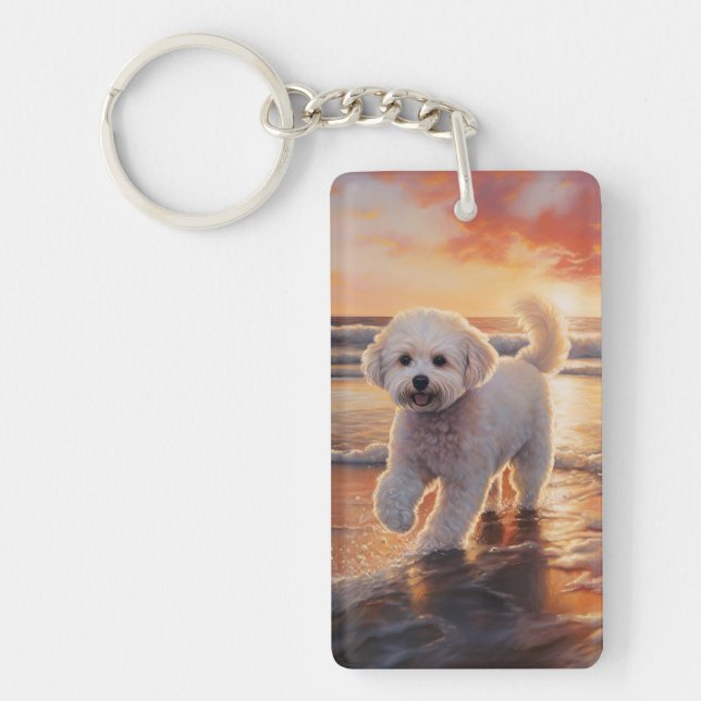 Sandy Paws Bichon Frise Dog on Beach Sunset  Key Ring (Front)