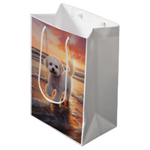 Sandy Paws Bichon Frise Dog on Beach Sunset  Medium Gift Bag