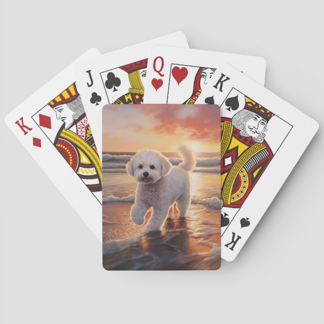 Sandy Paws Bichon Frise Dog on Beach Sunset  Playing Cards (Back)