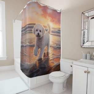 Sandy Paws Bichon Frise Dog on Beach Sunset  Shower Curtain