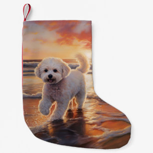 Sandy Paws Bichon Frise Dog on Beach Sunset Small Christmas Stocking