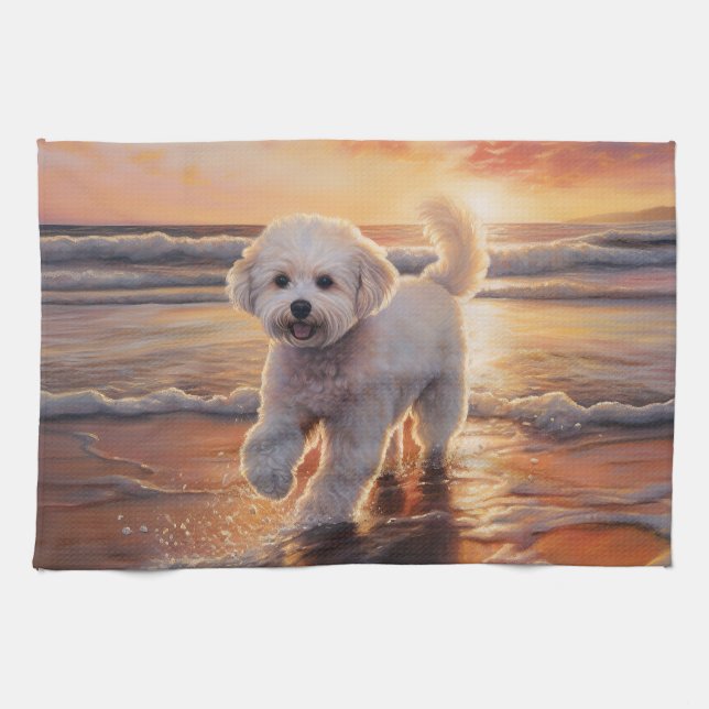 Sandy Paws Bichon Frise Dog on Beach Sunset  Tea Towel (Horizontal)