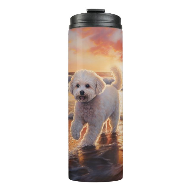 Sandy Paws Bichon Frise Dog on Beach Sunset  Thermal Tumbler (Front)