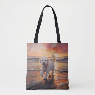 Sandy Paws Bichon Frise Dog on Beach Sunset  Tote Bag