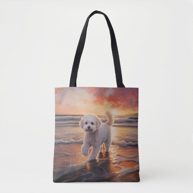 Sandy Paws Bichon Frise Dog on Beach Sunset  Tote Bag (Front)