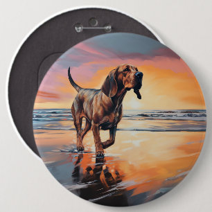 Sandy Paws Bloodhound Dog on Beach Sunset  6 Cm Round Badge