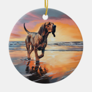 Sandy Paws Bloodhound Dog on Beach Sunset  Ceramic Tree Decoration