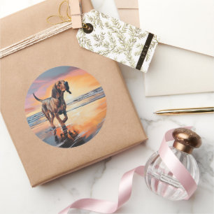 Sandy Paws Bloodhound Dog on Beach Sunset  Classic Round Sticker