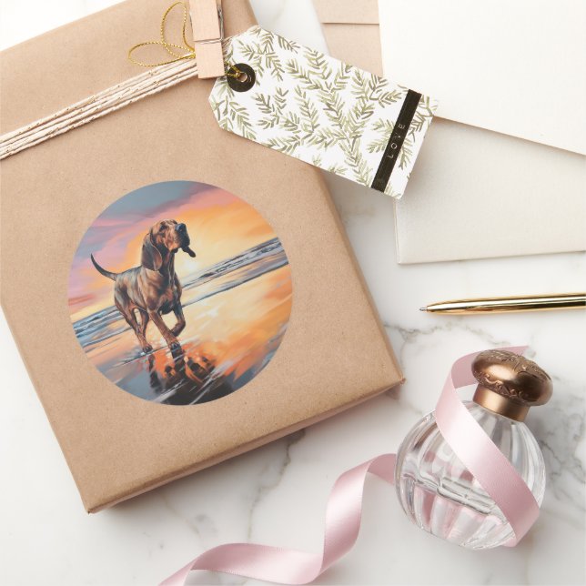 Sandy Paws Bloodhound Dog on Beach Sunset  Classic Round Sticker (Gifting)