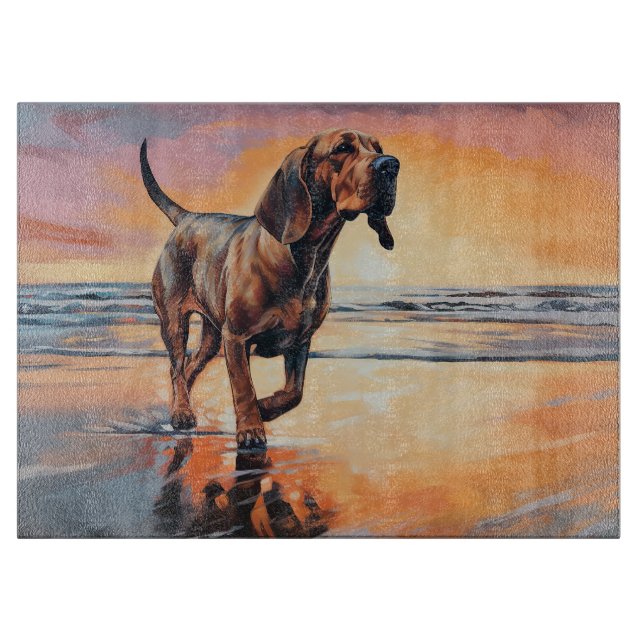 Sandy Paws Bloodhound Dog on Beach Sunset  Cutting Board (Front)