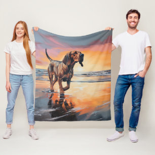 Sandy Paws Bloodhound Dog on Beach Sunset  Fleece Blanket