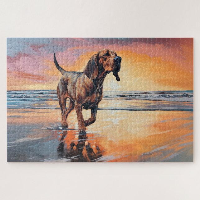 Sandy Paws Bloodhound Dog on Beach Sunset  Jigsaw Puzzle (Horizontal)
