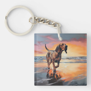 Sandy Paws Bloodhound Dog on Beach Sunset Key Ring