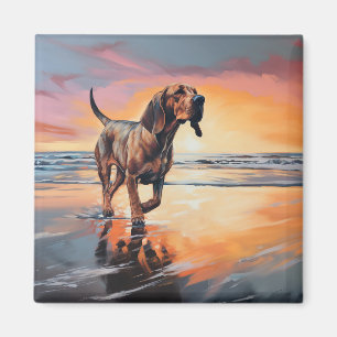 Sandy Paws Bloodhound Dog on Beach Sunset  Magnet