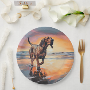 Sandy Paws Bloodhound Dog on Beach Sunset Paper Plate