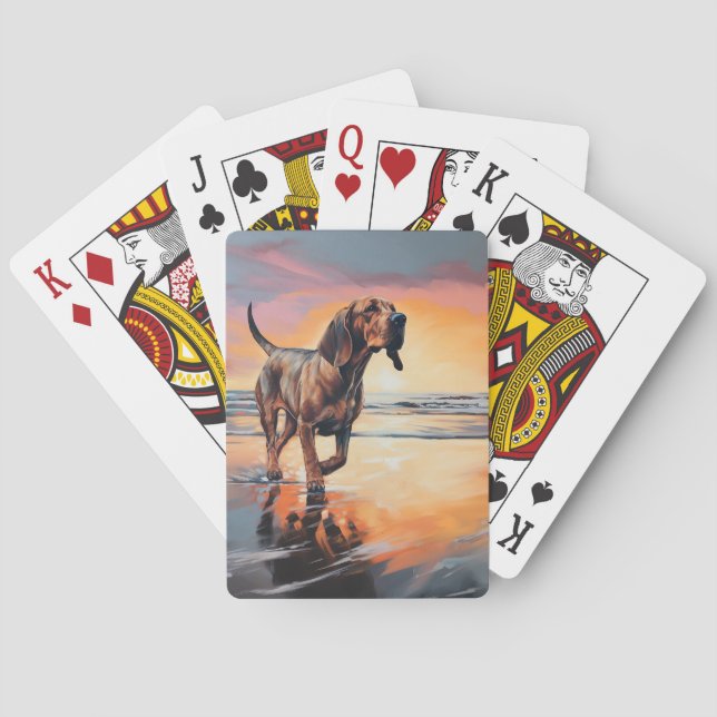 Sandy Paws Bloodhound Dog on Beach Sunset  Playing Cards (Back)