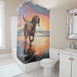 Sandy Paws Bloodhound Dog on Beach Sunset Shower Curtain