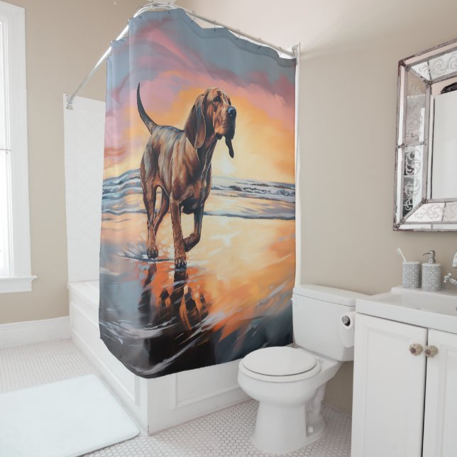 Sandy Paws Bloodhound Dog on Beach Sunset  Shower Curtain (In Situ)