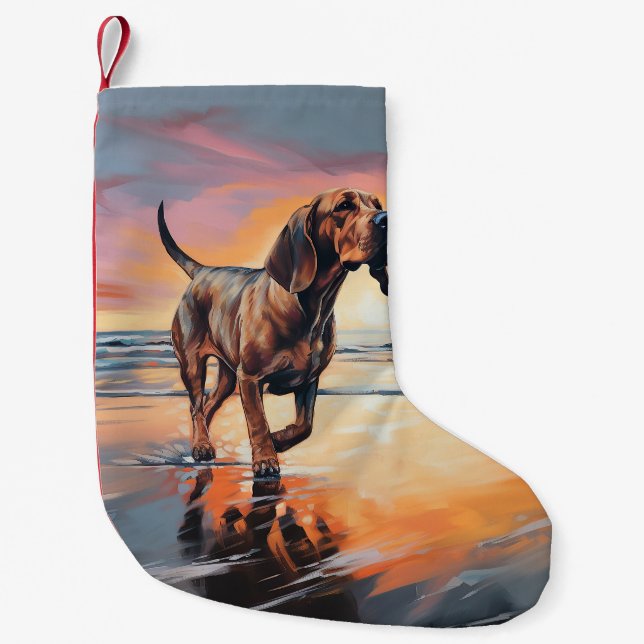 Sandy Paws Bloodhound Dog on Beach Sunset  Small Christmas Stocking (Front)