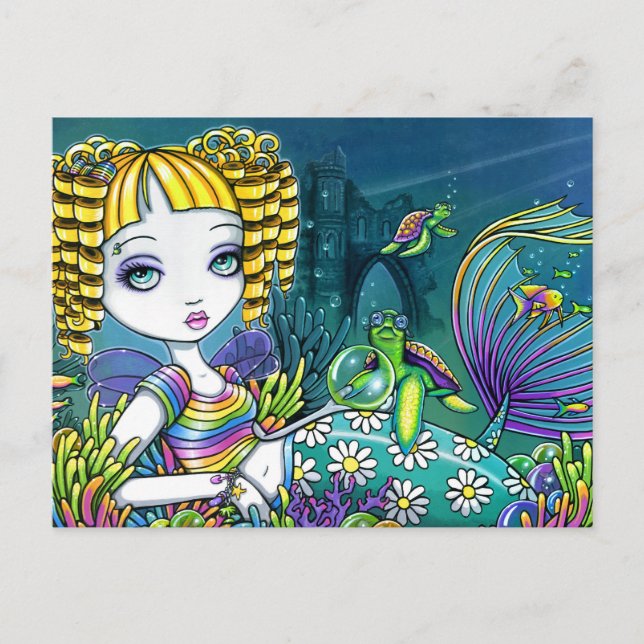 "Sandy" Rainbow Sea Turtle Mermaid Art Postcards (Front)