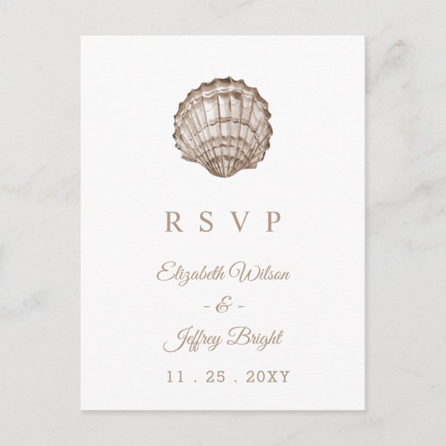 Sandy Seashells Marine Ocean Beach Wedding RSVP Invitation Postcard (Front)