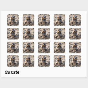 Sandy Shores : Baby Sloth Building Sand Castles, Square Sticker