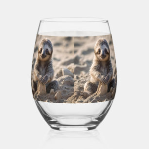 Sandy Shores : Baby Sloth Building Sand Castles, Stemless Wine Glass