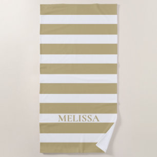 Sandy Tan and White Striped Custom Name Cabana Beach Towel