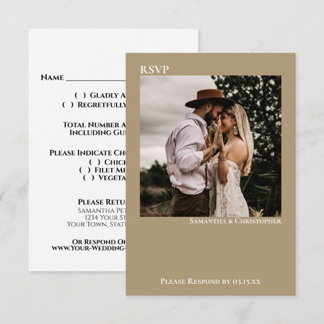 Sandy Tan Buff Simple Minimalist Photo Wedding RSVP Card (Front/Back)