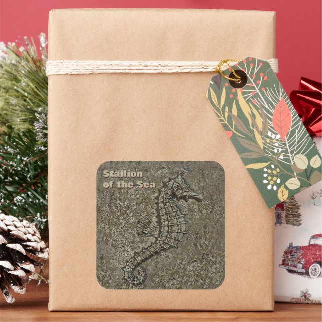 Sandy Textured Seahorse Photo Custom Square Sticker (Holiday)