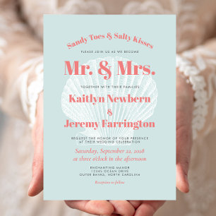 Sandy Toes Aqua Coral Seashell Beach Wedding Invitation
