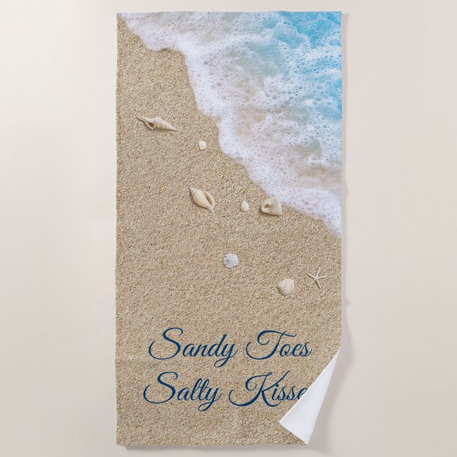 Sandy Toes Salty Kisses Blue Beach Waves Beach Towel (Front)