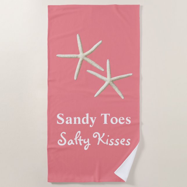 Sandy Toes Salty Kisses Coral Beach Towel (Front)